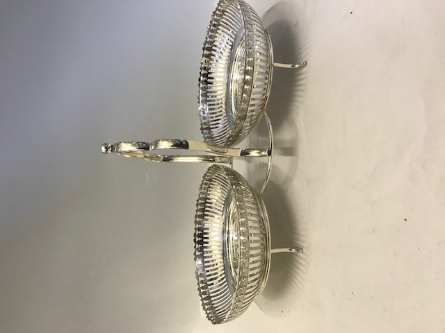 Unusual antique silver plated two pierced dishes on a wire work cake stand (c.1920)