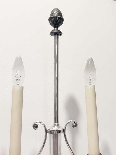 Pair of Lyre Shaped Table Lamps Each Holding Two Lights and a Glass Column