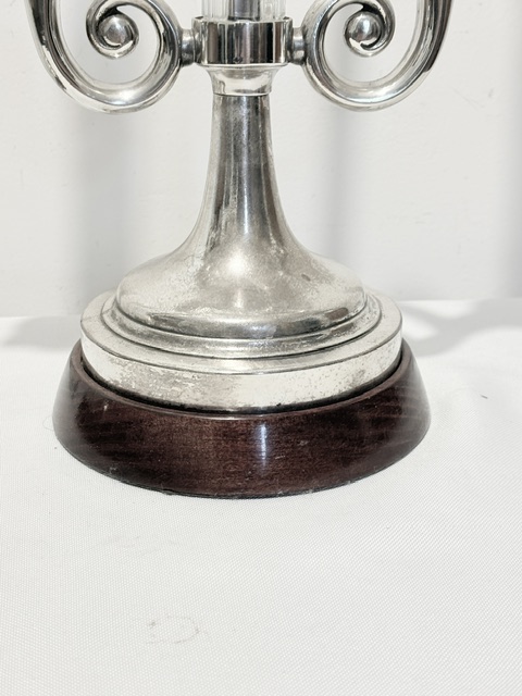 Pair of Lyre Shaped Table Lamps Each Holding Two Lights and a Glass Column