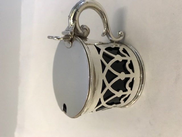 Antique silver plated drum shaped mustard pot almost Gothic pierced sides with flat hinged lid (c.1880)