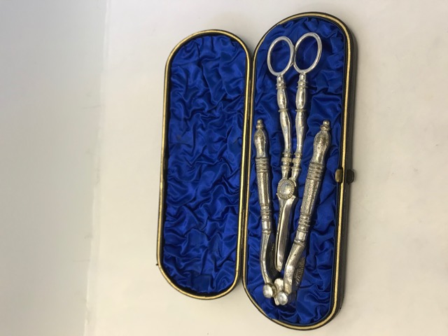 Antique silver plated fruit and nut set with matching nut crackers and grape scissors (c.1900)