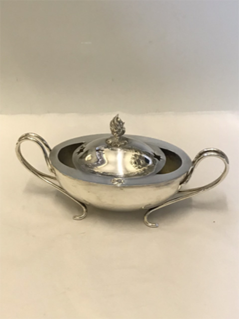 Antique Oval Silver Plated Double Spoon Warmer with Loop Wire Handles and Flame Finial
