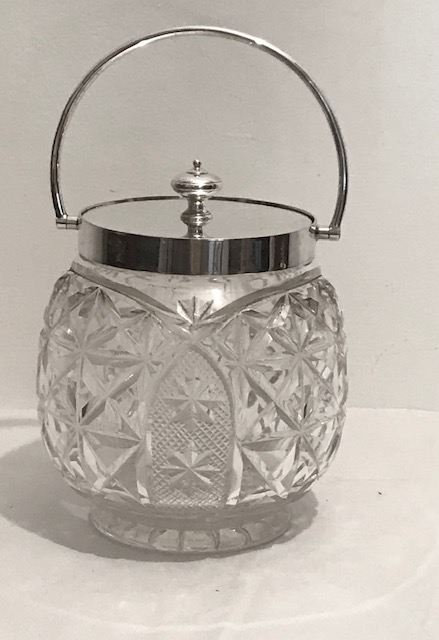 Antique Silver Plated and Cut Glass Biscuit Box with Silver Plated Rim