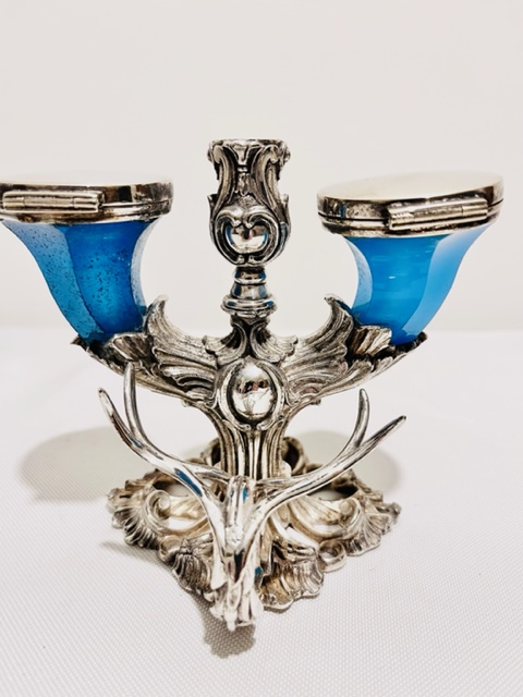 Elkington & Company Antique Silver Plated Double Inkstand with Turquoise Glass Inkwells