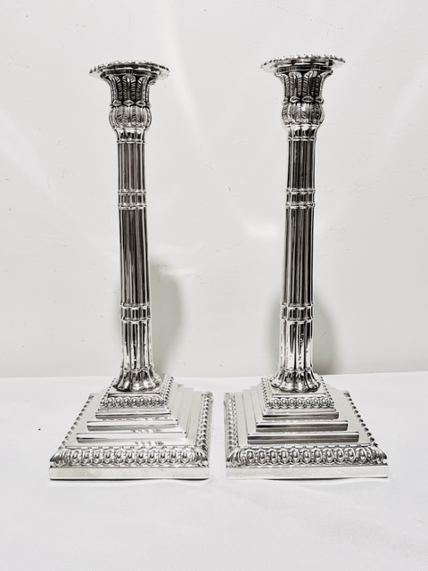 Pair of Antique Silver Plated Candlesticks with Bamboo Design Columns