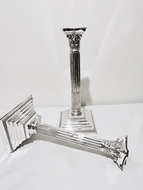 Traditional Pair of Antique Silver Plated Corinthian Column Candlesticks