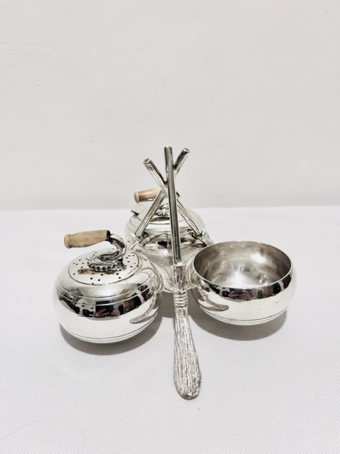 Antique Silver Plated Cruet in the Form of Curling Stones and Curling Brushes