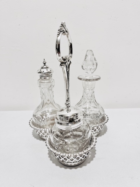 Antique Silver Plated and Glass Three Bottle Cruet (c.1880)