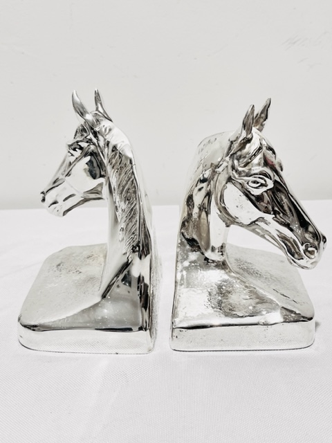 Pair of Novelty Vintage Silver Plated Book Ends Modelled as Horse Heads (c.1940)