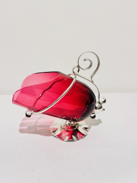 Unusual Antique Silver Plated and Cranberry Glass Sugar Scuttle