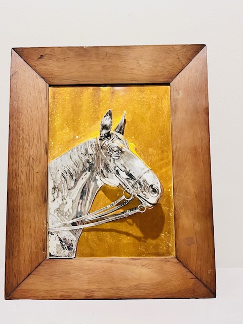 Unusual Vintage Silver Plated Horse Head with Reins Within a Frame
