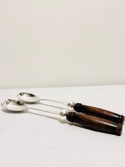 Pair of Vintage Oak and Silver Plated Salad Servers (c.1930)