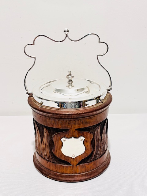 Antique Silver Plated and Oak Biscuit Barrel with Ceramic Liner (c.1920)