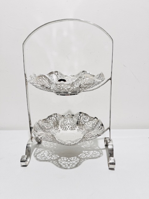 Antique Silver Plated Two Tier Cake Stand on Four Curled Feet