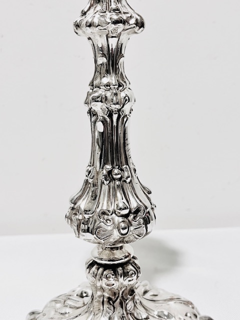 Handsome Pair of Antique Silver Plated Candlesticks Decorated with Leaves and Swirls