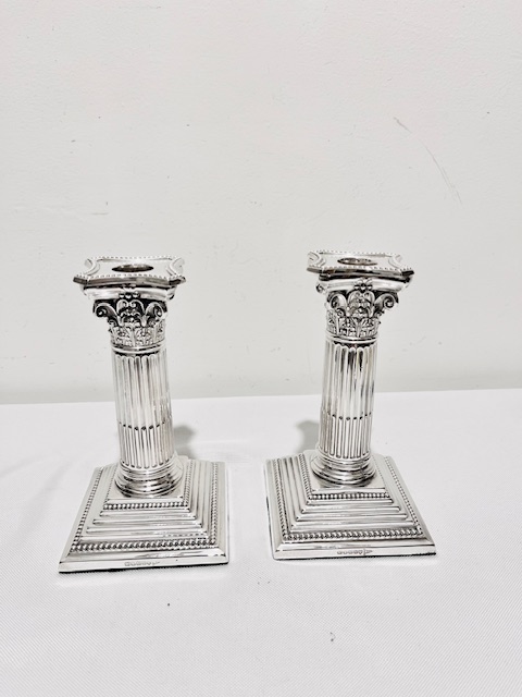 Pair of Corinthian Column Victorian Silver Plated Candlesticks