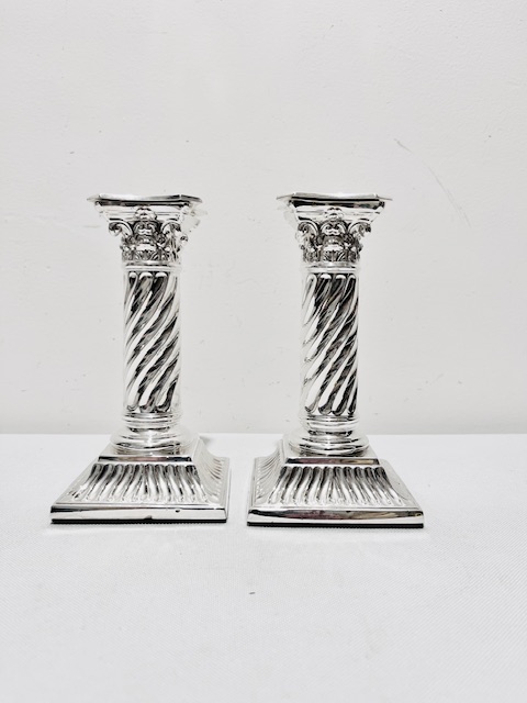 Pair of Square Based Short Antique Silver Plated Candlesticks (c.1910)