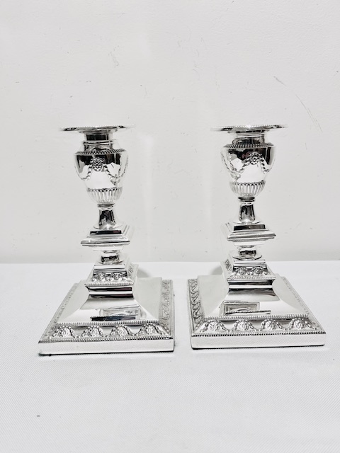 Pair of Antique Silver Plated Candlesticks with Square Bases