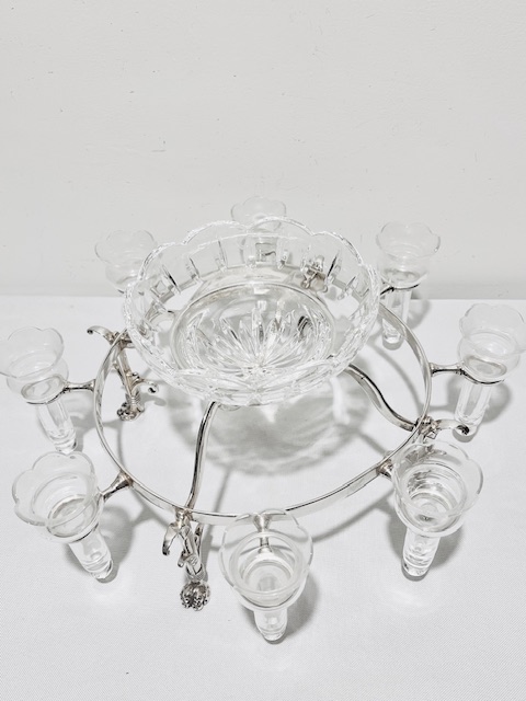 Handsome Antique Silver Plated Epergne with Original Glass Flutes