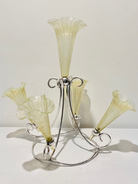 Antique Silver Plated and Vaseline Glass Epergne with Five Flower Vases