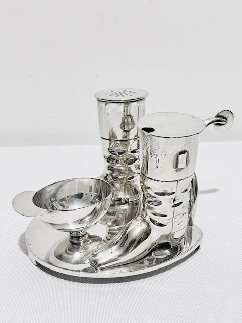 Victorian Silver Plated Novelty Jockey Cap and Two Riding Boots Cruet