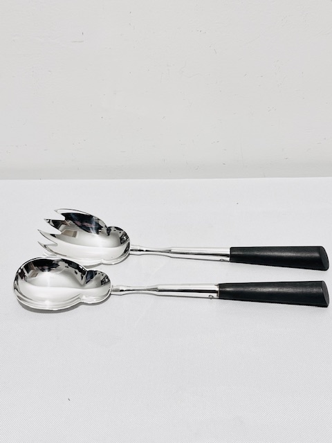 Pair of Antique Silver Plated Salad Servers with Ebonised Wooden Handles