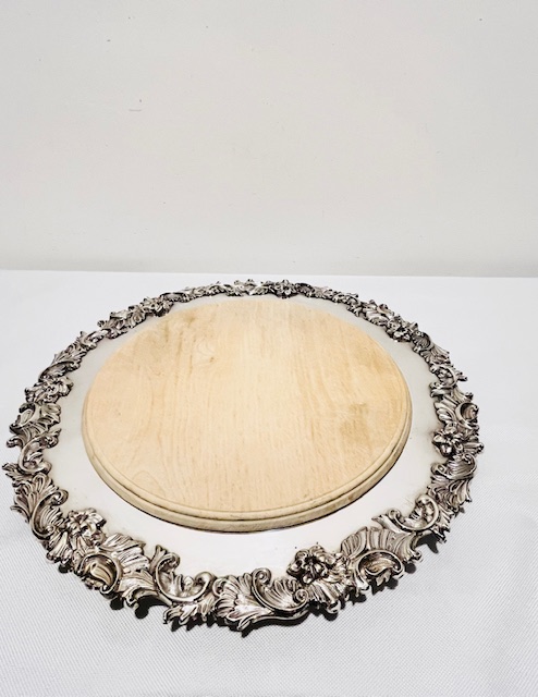 Antique Silver Plated Round Bread or Cheese Board with Original Wooden Board