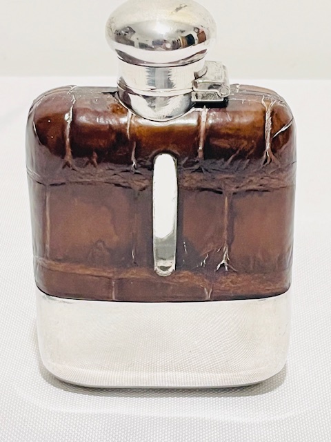 Antique Silver Plated and Crocodile Skin Pocket Hip Flask