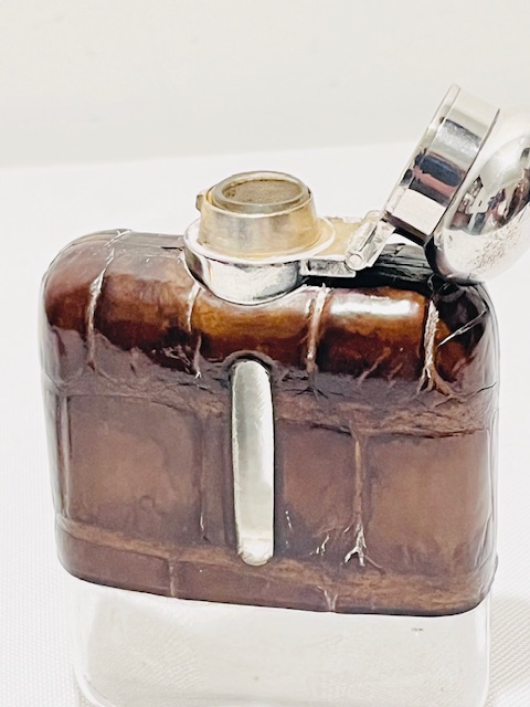 Antique Silver Plated and Crocodile Skin Pocket Size Hip Flask
