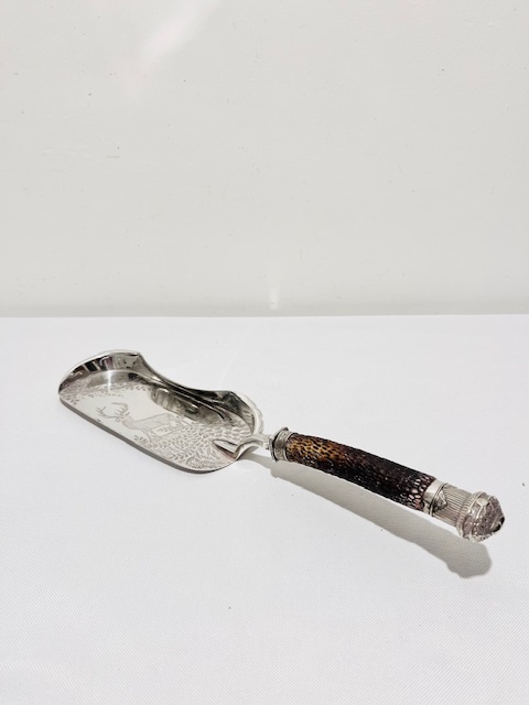Attractive Antique Silver Plated Crumb Scoop with an Antler Handle