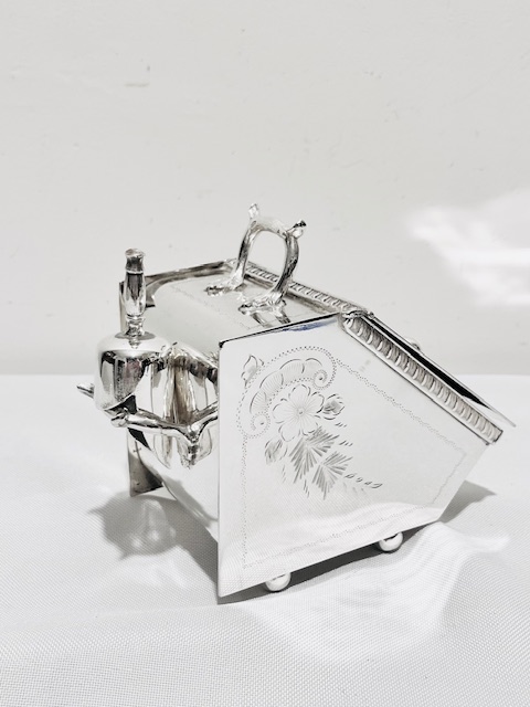 Novelty Antique Silver Plated Sugar Box Modelled as a Coal Scuttle