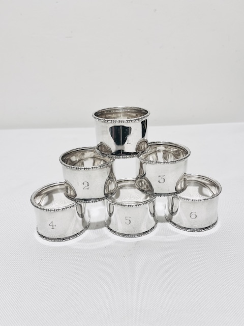 Set of Six Numbered Vintage Silver Plated Napkin or Serviette Rings