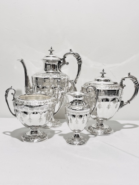 Antique Silver Plated Tea and Coffee Set with Embossed Pedestal Bases