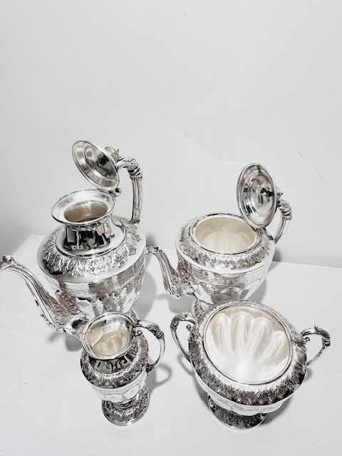 Antique Silver Plated Tea and Coffee Set with Embossed Pedestal Bases