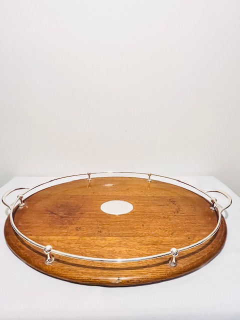 Antique Oval Silver Plated and Oak Gallery Tray (c.1920)