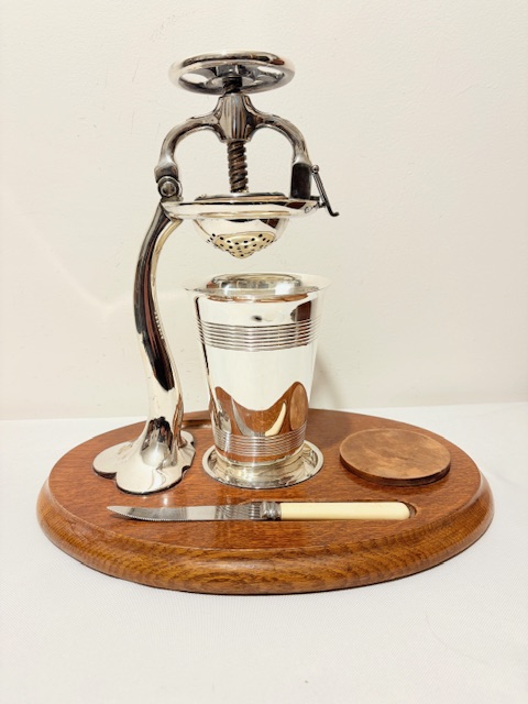 Antique Silver Plated and Oak Juicer or Lemon Squeezer