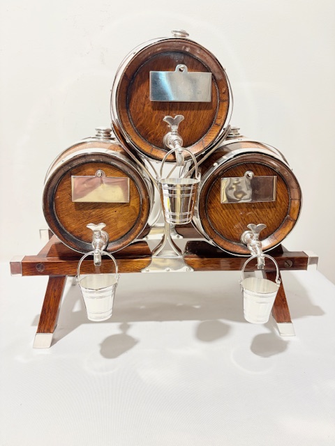 Three Rare Antique Silver Plated and Oak Brandy Whisky or Port Barrels