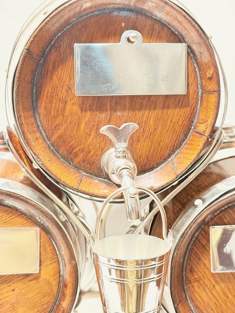 Three Rare Antique Silver Plated and Oak Brandy Whisky or Port Barrels