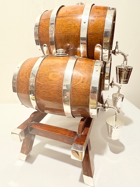 Three Rare Antique Silver Plated and Oak Brandy Whisky or Port Barrels