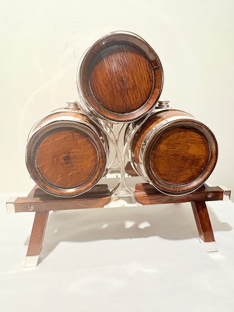 Three Rare Antique Silver Plated and Oak Brandy Whisky or Port Barrels