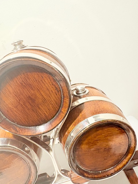 Three Rare Antique Silver Plated and Oak Brandy Whisky or Port Barrels