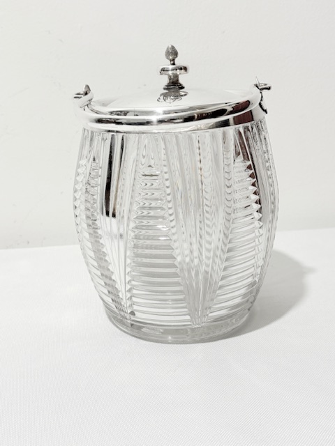 Antique Silver Plated and Cut Glass Biscuit Barrel with Swing Handle