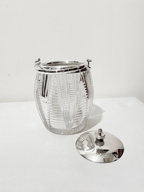Antique Silver Plated and Cut Glass Biscuit Barrel with Swing Handle