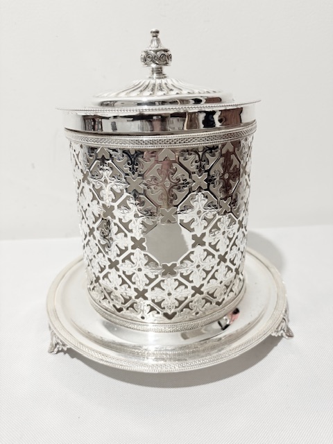 Antique Silver Plated Biscuit Box on a Circular Tray