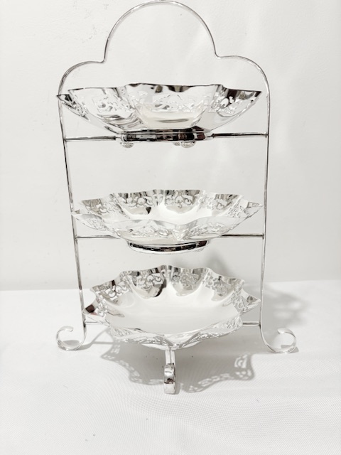 Antique Silver Plated Three Tier Cake Stand on 4 Curled Feet