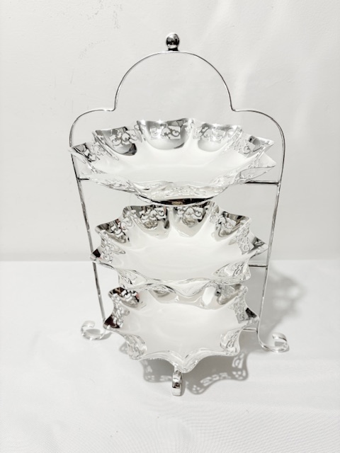 Antique Silver Plated Three Tier Cake Stand on 4 Curled Feet
