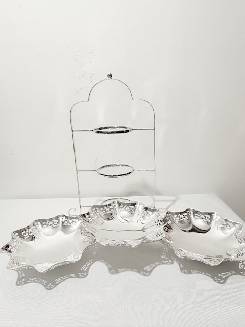 Antique Silver Plated Three Tier Cake Stand on 4 Curled Feet
