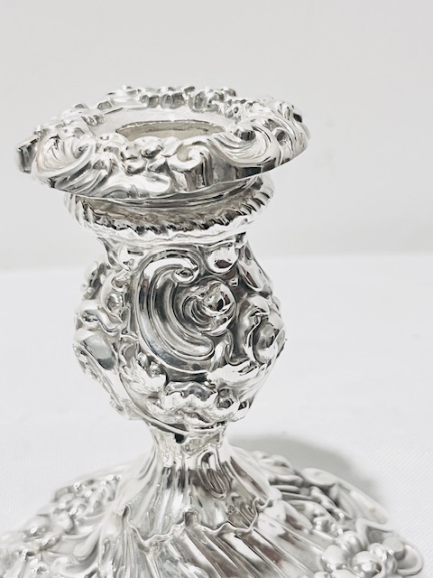 Pair of Ornate Short Antique Silver Plated Candlesticks