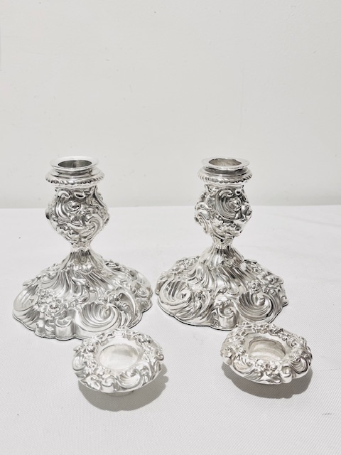 Pair of Ornate Short Antique Silver Plated Candlesticks