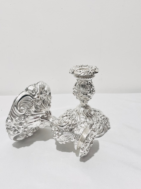 Pair of Ornate Short Antique Silver Plated Candlesticks